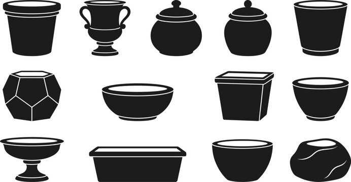 Assortment of twelve black containers pots vases and urns various shapes and sizes for plants or decoration isolated vector.
