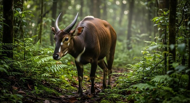 Saola walking through lush rainforest