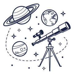 Astronomy exploration set with telescope saturn planet earth and stars in black and white line art style for science education or hobby concepts. © Sirajum