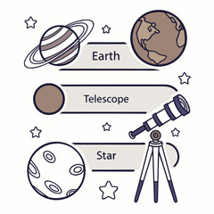 Infographic design with astronomy icons including earth saturn moon and telescope for educational presentations about science and planetary study. © Sirajum