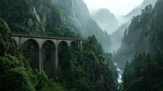 Stone railway viaduct spanning a misty forested mountain gorge with a waterfall and river below in cool diffuse alpine light