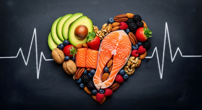 Heart healthy foods with ekg line illustration