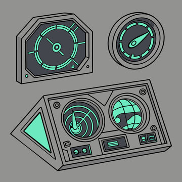 Set of three futuristic radar and gauge devices, including a polygonal radar screen, a circular gauge, and a console with dual circular displays.