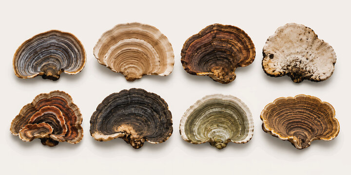 A healthy collection of brown dried mushrooms is isolated against a white background as a natural food ingredient in a macro closeup