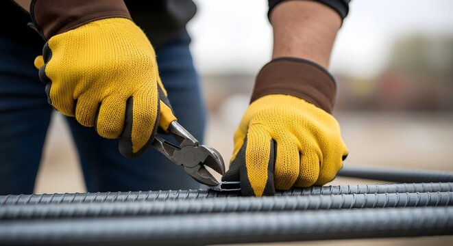 Close-up of a worker's gloved hands using pliers to cut or secure metal rebar, highlighting diligence and safety in construction work