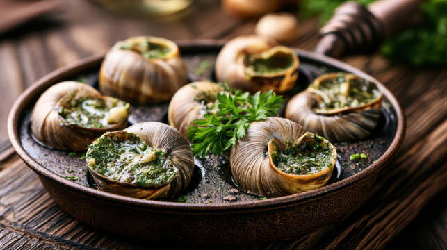 transparent food photography of baked french escargot snails