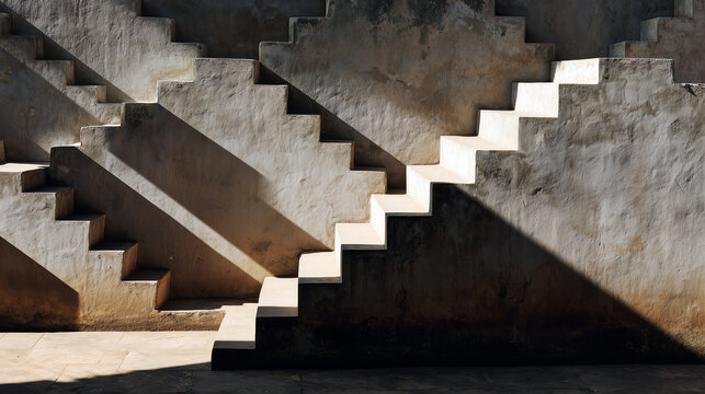 The repeating angular geometry of weathered ancient stepwell stairs casting sharp triangular shadows under the harsh high midday sun