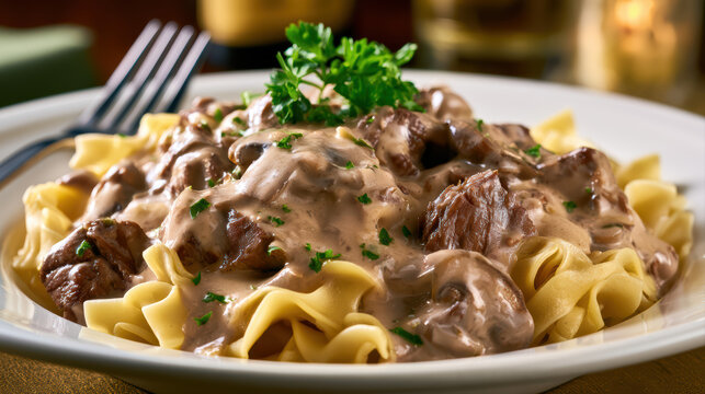transparent food photography of beef stroganoff with tender beef