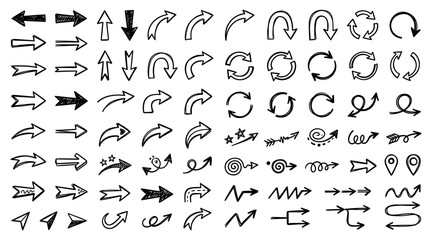 Fototapeta premium Hand-drawn doodle arrows in various curved, wavy, and looped styles. Chalk, sketch-style navy arrows perfect for directions, infographics, presentations, creative designs, and highlighting elements