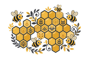 Honeycomb with bees and leaves on white background © MDAbuSayeed