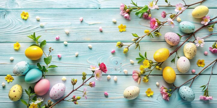 Pastel Easter Eggs and Blossoms on Rustic Blue Wood