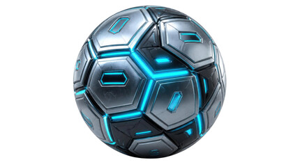 Naklejka premium Futuristic soccer ball with glowing blue lights against Transparent Background