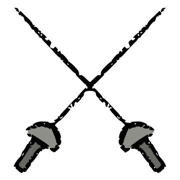 Fencing swords crayon wax doodle, rough textured hand drawn, crossed foils weapon, rapier sports equipment, combat match tool, athletic training elements