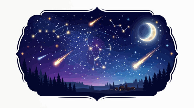 Night sky with stars and constellations over a village