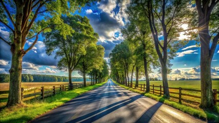 Fototapeta premium Serene Country Road Lined with Lush Green Trees Under a Vibrant Summer Sky