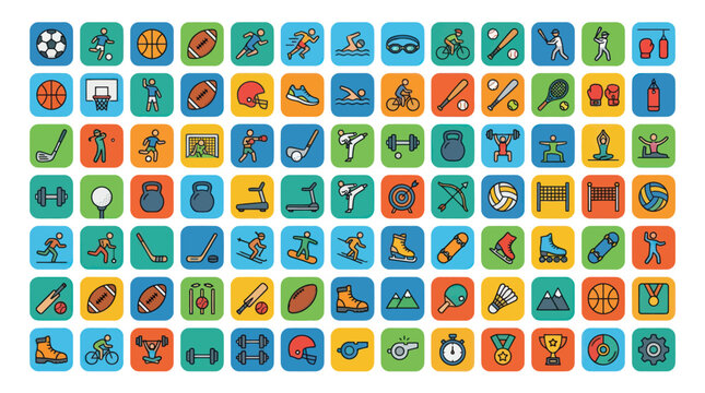Large grid of colorful square sports icons.