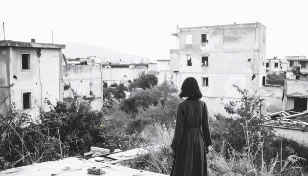 black and white photo of a girl silhouette and the abandoned city