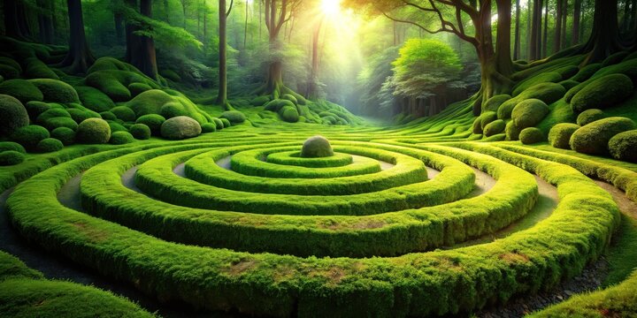 Serene Spiral Garden Labyrinth in a Sunlit Forest, Featuring Lush Green Shrubs and Ancient Trees