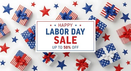 Fototapeta premium Happy labor day sale banner with gift boxes and stars isolated on white background