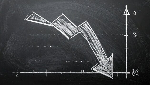 Downward trend arrow hand drawn with chalk on blackboard