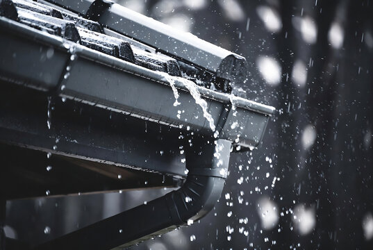 Rain is falling heavily onto a dark gutter system outdoors.