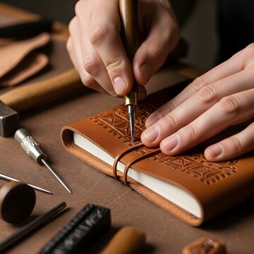 Craftsman tooling intricate design on leather journal cover