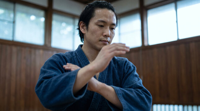 Focused martial artist practicing kata in traditional dojo