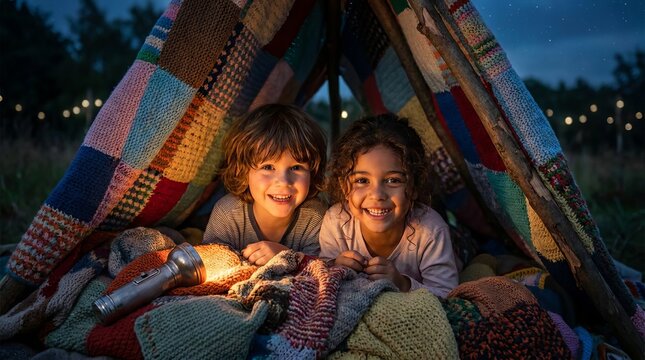 Two happy children camping in a colorful teepee tent at night.