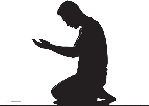Silhouette of a man kneeling and praying with hands open vector art