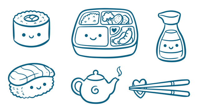 Cute Japanese food icons with smiling faces, sushi, bento, soy sauce, and tea