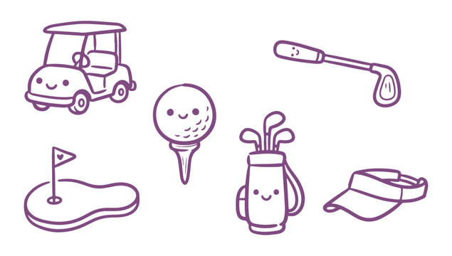 Cute golf icons set with cartoon golf ball, cart, clubs, and accessories smiling