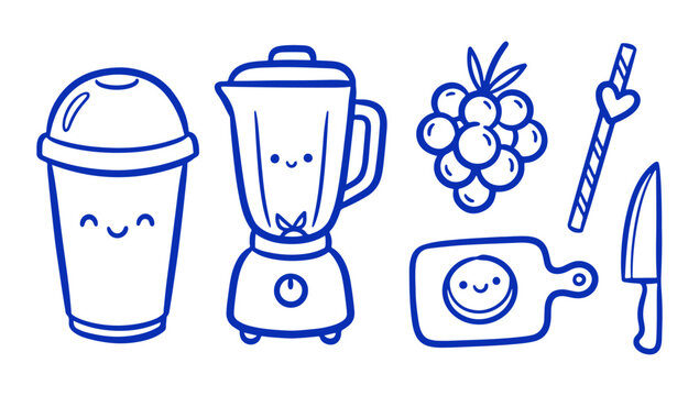 Blender, fruit, and smoothie preparation illustration with smiling kitchen utensils and appliances