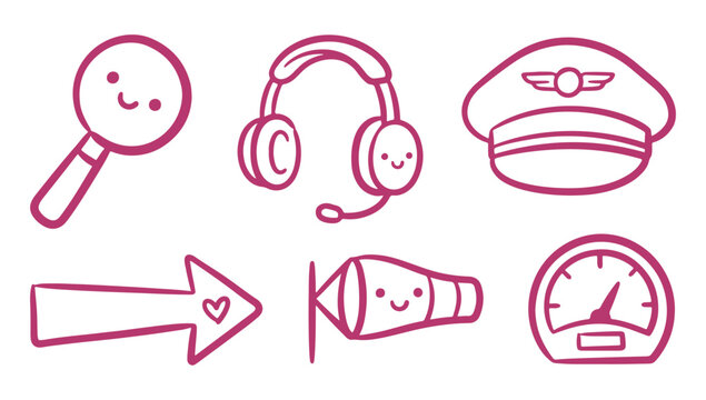 Kawaii airplane pilot items collection. Cute line art magnifying glass, headset, pilot hat, and windsock.