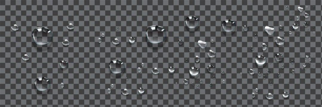 Vector water drops. Drops png, condensation on the window, on the surface. Realistic drops on an isolated transparent background.