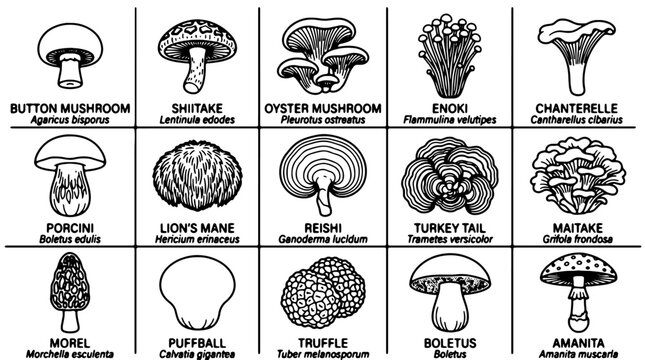 Mushroom icons, fungi illustrations, 16 types, black and white vector graphics, edible mushroom chart