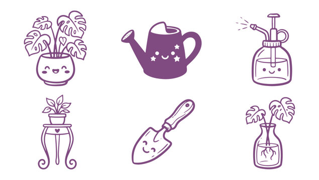 Cute gardening tools and plants illustrations for nursery or interior design