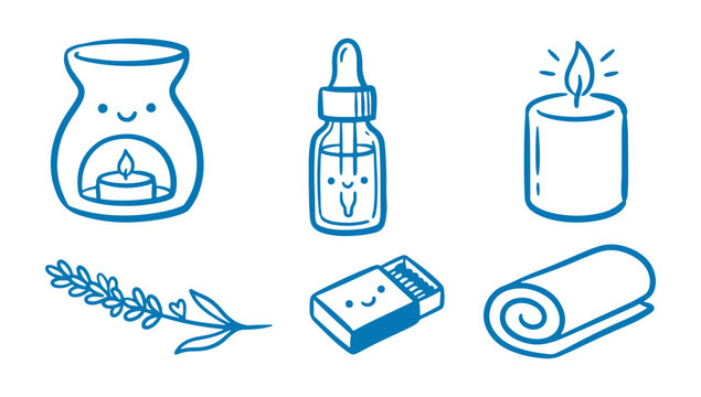 Spa and wellness icons including candles, essential oil, and bath accessories 