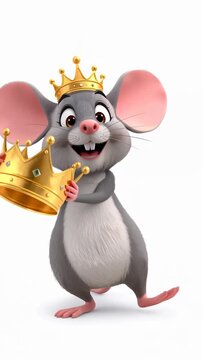 Cute funny cartoon mouse with a crown on white background, animation