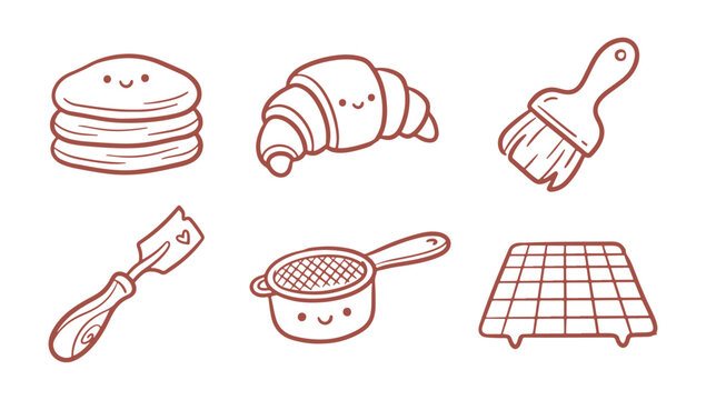 Cute cartoon baking icons including pancakes, croissant, brush, spatula, pot, and cooling rack