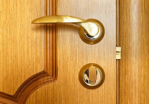 Close-up of brass door handle and privacy lock on natural wooden interior door. Detailed view of home security hardware, entrance access control, residential interior design with wood grain texture