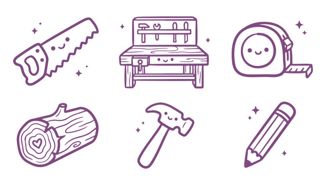 Hand drawn tools for woodworking and crafting, purple line icons on white background