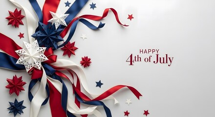 Fototapeta premium Artistic fourth of july composition with red white and blue ribbons and stars.