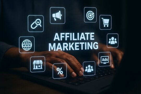 Person using a laptop for affiliate marketing with various icons floating above the keyboard.