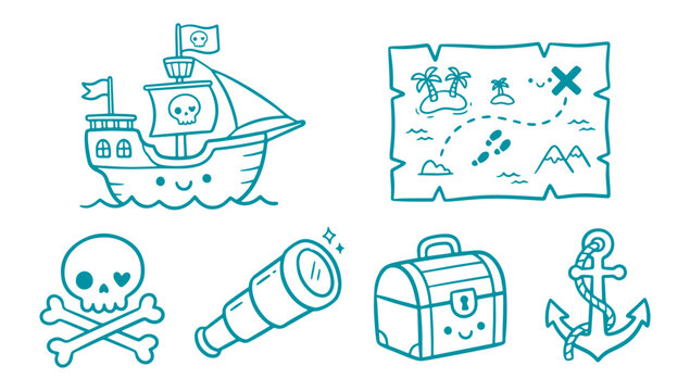 Pirate-themed icons including ship, treasure map, skull, flashlight, chest, and anchor