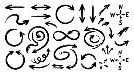 Obraz premium Hand-drawn doodle arrows in various curved, wavy, and looped styles. Chalk, sketch-style navy arrows perfect for directions, infographics, presentations, creative designs, and highlighting elements