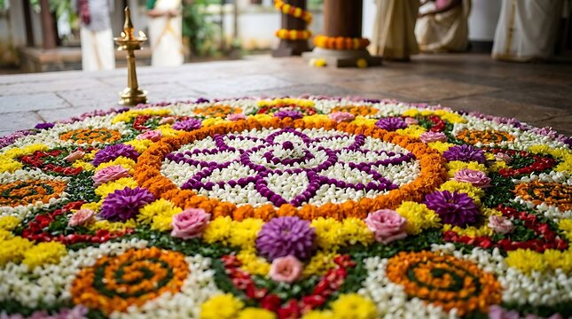 Pookalam flower carpet decoration for onam festival in kerala india