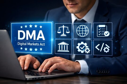 Businessman in a suit interacts with a laptop displaying the digital markets act dma icons