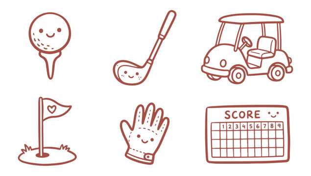 Cute golf icons set with golf ball, club, cart, flag, glove and scorecard illustration