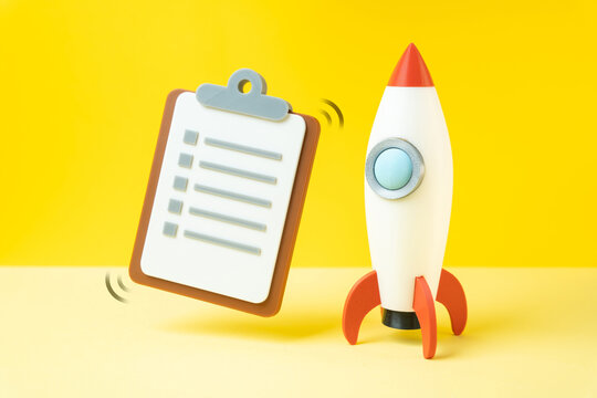A rocket and a pre launch checklist representing startup readiness and project evaluation. Eligibility criteria for financing, funding approval and investment decision making.