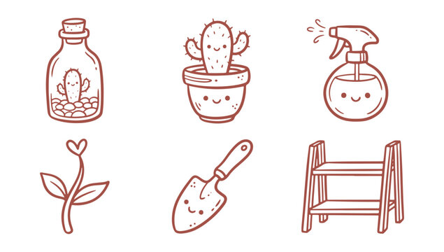 Cute gardening tools and plants illustrations with smiling faces for nursery or kids decor
